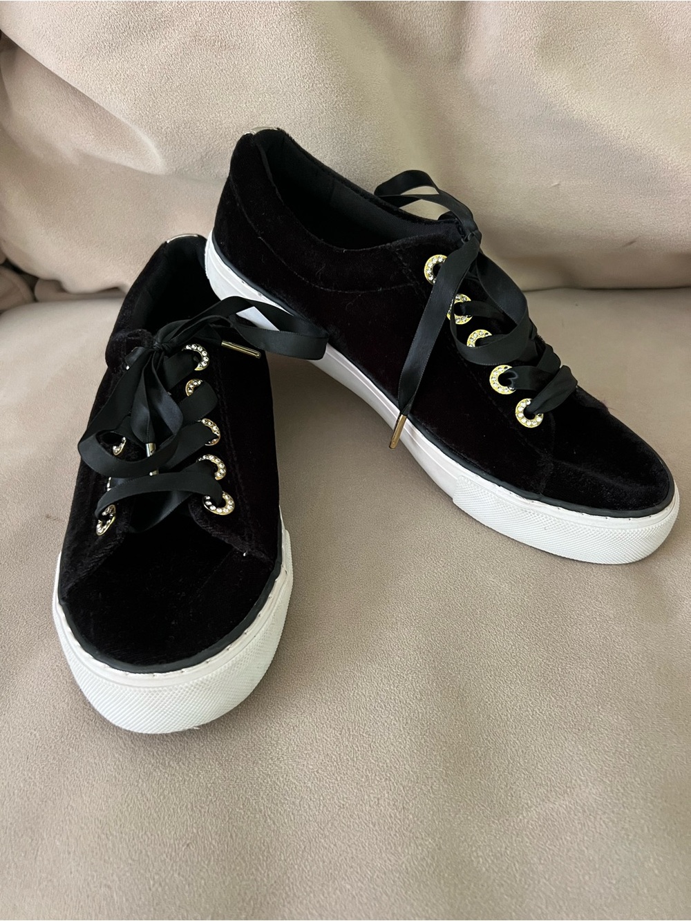 EUC Lilly Pulitzer Black Velvet Sneakers with Gold Eyelets